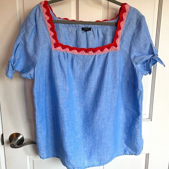 Talbots 100% Linen 1X Petite Square Neck Top Chambray Blue W Crochet Trim - Picture 1 of 10